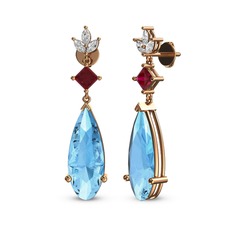 Akuamarin, rodolit garnet ve beyaz zirkon 8 ayar rose altın küpe