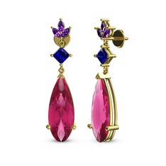 Dillon Küpe - Pembe kuvars, lab safir ve ametist 18 ayar altın küpe #hkb6ap