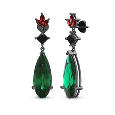 Yeşil kuvars, siyah zirkon ve garnet 925 ayar siyah rodyum kaplama gümüş küpe