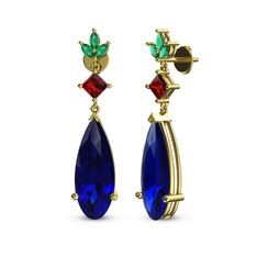 Lab safir, garnet ve yeşil kuvars 8 ayar altın küpe