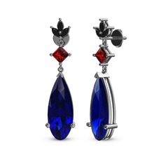 Lab safir, garnet ve siyah zirkon 8 ayar beyaz altın küpe