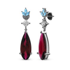 Rodolit garnet, swarovski ve akuamarin 18 ayar beyaz altın küpe