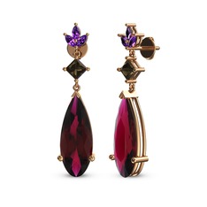 Rodolit garnet, dumanlı kuvars ve ametist 18 ayar rose altın küpe
