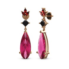 Pembe kuvars, siyah zirkon ve garnet 18 ayar rose altın küpe