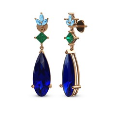 Lab safir, yeşil kuvars ve akuamarin 18 ayar rose altın küpe