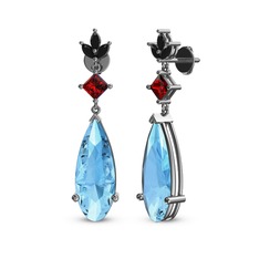 Akuamarin, garnet ve siyah zirkon 14 ayar beyaz altın küpe