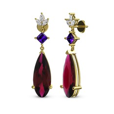 Rodolit garnet, ametist ve beyaz zirkon 14 ayar altın küpe