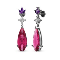 Pembe kuvars, swarovski ve ametist 14 ayar beyaz altın küpe
