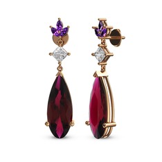 Rodolit garnet, swarovski ve ametist 925 ayar rose altın kaplama gümüş küpe