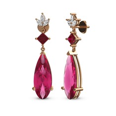 Pembe kuvars, rodolit garnet ve beyaz zirkon 18 ayar rose altın küpe