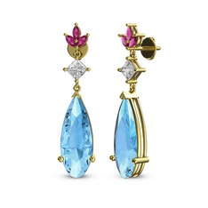 Akuamarin, beyaz zirkon ve rodolit garnet 18 ayar altın küpe