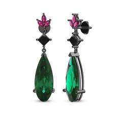 Yeşil kuvars, siyah zirkon ve rodolit garnet 925 ayar siyah rodyum kaplama gümüş küpe