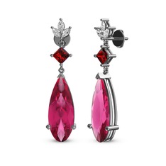 Pembe kuvars, garnet ve beyaz zirkon 14 ayar beyaz altın küpe