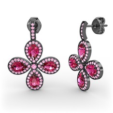 Aida Küpe - Pembe kuvars ve rodolit garnet 925 ayar siyah rodyum kaplama gümüş küpe #1iyrhob