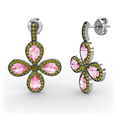 Aida Küpe - Peridot ve pembe kuvars 8 ayar beyaz altın küpe #1k2uvw0