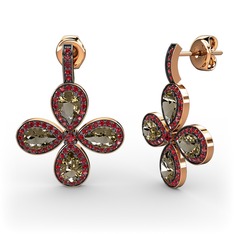 Garnet ve dumanlı kuvars 18 ayar rose altın küpe