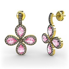 Dumanlı kuvars ve pembe kuvars 14 ayar altın küpe