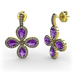 Dumanlı kuvars ve ametist 18 ayar altın küpe