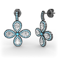 Akuamarin ve beyaz zirkon 925 ayar siyah rodyum kaplama gümüş küpe