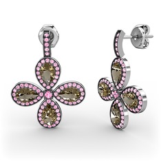 Pembe kuvars ve dumanlı kuvars 14 ayar beyaz altın küpe