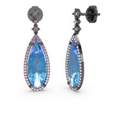 Avina Damla Küpe - Akuamarin ve pembe kuvars 925 ayar siyah rodyum kaplama gümüş küpe #17cgscm