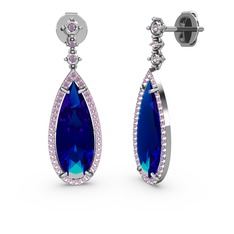 Lab safir ve pembe kuvars 8 ayar beyaz altın küpe