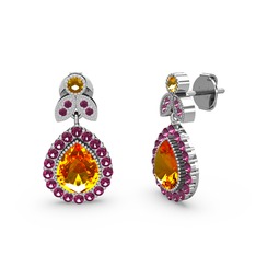 Sitrin ve rodolit garnet 18 ayar beyaz altın küpe