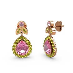 Hanedan Küpe - Pembe kuvars ve peridot 14 ayar rose altın küpe #129hop6