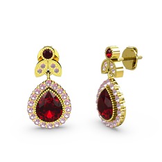 Hanedan Küpe - Garnet ve pembe kuvars 14 ayar altın küpe #1368h67