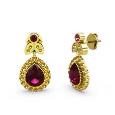 Hanedan Küpe - Rodolit garnet ve sitrin 14 ayar altın küpe #1416af4