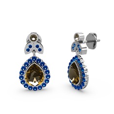 Dumanlı kuvars ve lab safir 14 ayar beyaz altın küpe