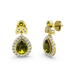 Peridot ve beyaz zirkon 18 ayar altın küpe
