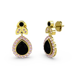 Hanedan Küpe - Siyah zirkon ve pembe kuvars 8 ayar altın küpe #1a5uxty