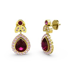Rodolit garnet ve pembe kuvars 18 ayar altın küpe