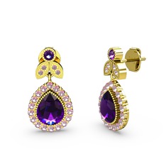 Hanedan Küpe - Ametist ve pembe kuvars 8 ayar altın küpe #1k29ajk