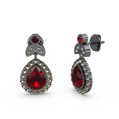 Garnet ve dumanlı kuvars 925 ayar siyah rodyum kaplama gümüş küpe