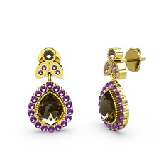 Hanedan Küpe - Dumanlı kuvars ve ametist 14 ayar altın küpe #1tx31d3