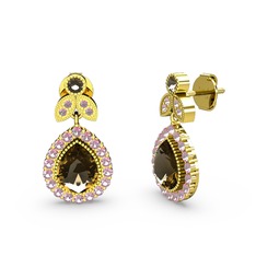 Dumanlı kuvars ve pembe kuvars 18 ayar altın küpe