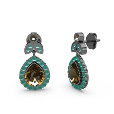 Hanedan Küpe - Dumanlı kuvars ve kök zümrüt 925 ayar siyah rodyum kaplama gümüş küpe #6ziiiu