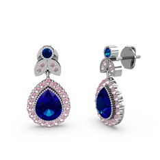 Lab safir ve pembe kuvars 8 ayar beyaz altın küpe