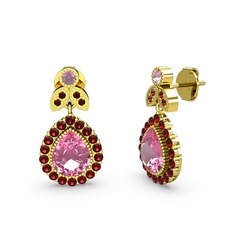 Pembe kuvars ve garnet 14 ayar altın küpe