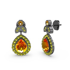 Sitrin ve peridot 925 ayar siyah rodyum kaplama gümüş küpe