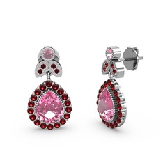 Pembe kuvars ve garnet 14 ayar beyaz altın küpe