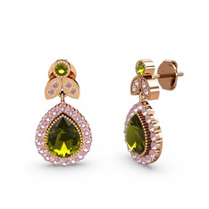 Peridot ve pembe kuvars 14 ayar rose altın küpe