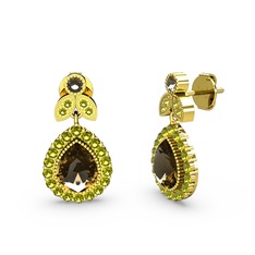 Hanedan Küpe - Dumanlı kuvars ve peridot 14 ayar altın küpe #y7gpoq