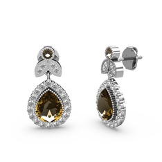 Hanedan Küpe - Dumanlı kuvars ve beyaz zirkon 14 ayar beyaz altın küpe #zb1i4p