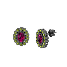 Rodolit garnet ve peridot 925 ayar siyah rodyum kaplama gümüş küpe