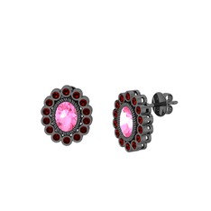 Rayiha Küpe - Pembe kuvars ve garnet 925 ayar siyah rodyum kaplama gümüş küpe #1m64otk