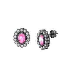 Pembe kuvars ve swarovski 925 ayar siyah rodyum kaplama gümüş küpe
