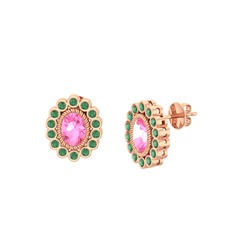 Pembe kuvars ve kök zümrüt 18 ayar rose altın küpe